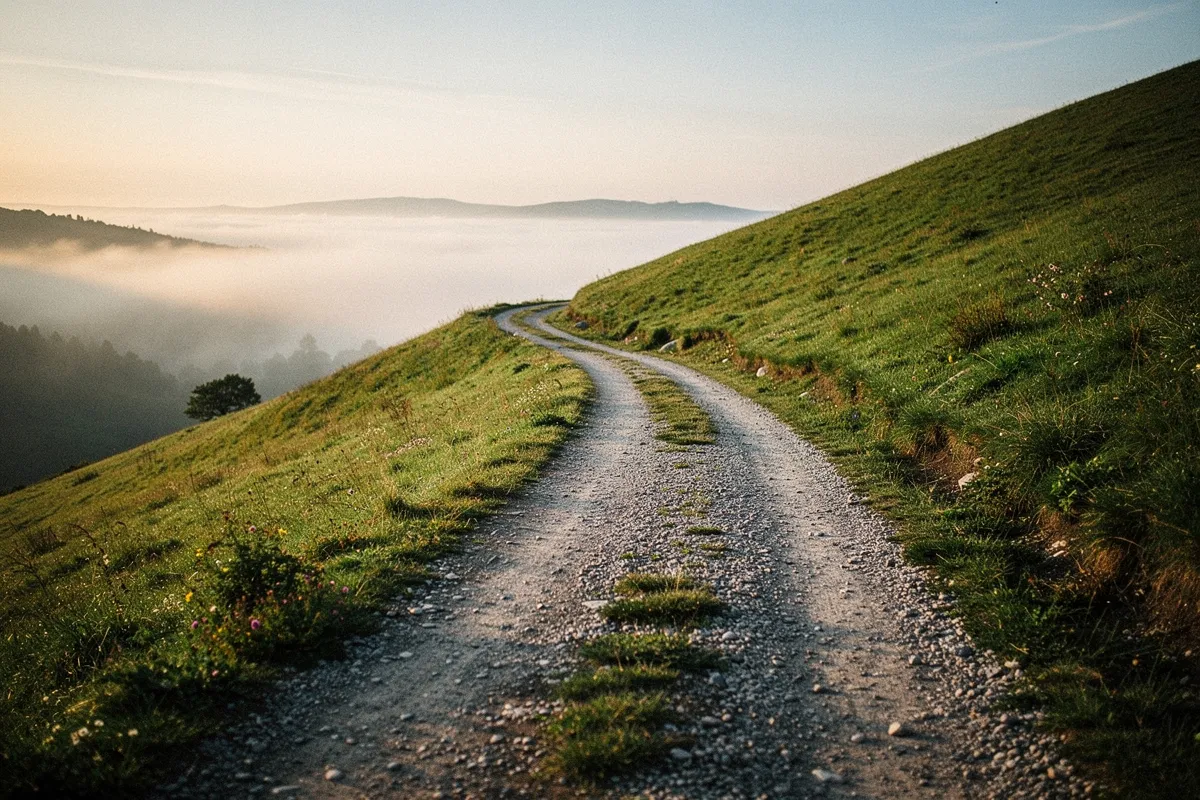 Sentier de gravier sinueux sur une colline verte à l'aube